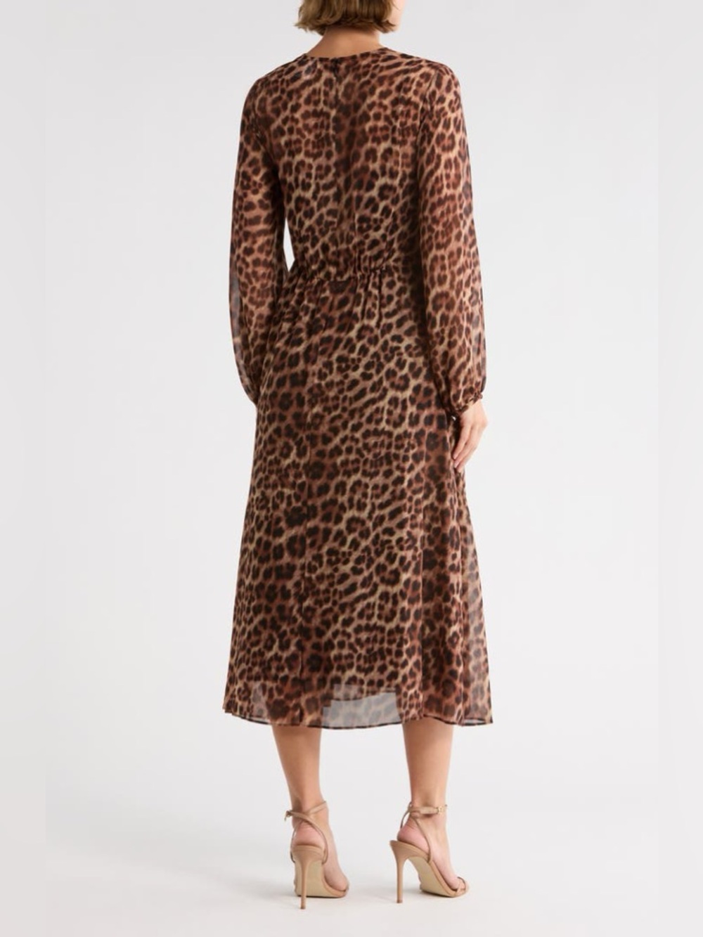 DKNY Chiffon Leopard Print Blouson Sleeve Empire Waist Dress - Picture 8 of 16
